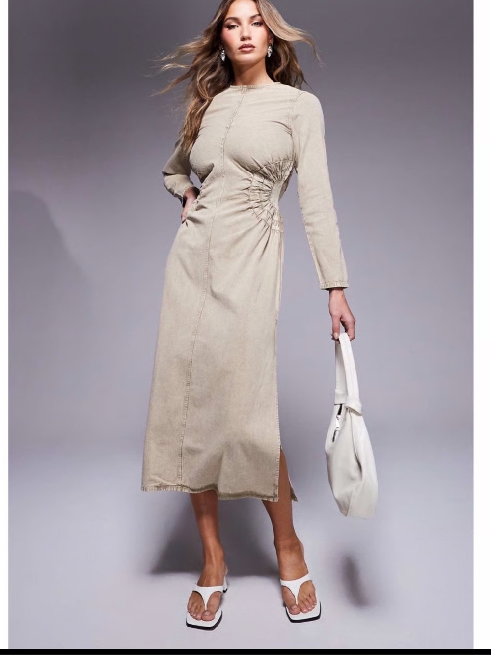 BRAND NEW- never used- ASOS Beige Ruched-Side Long Sleeve Midi Dress